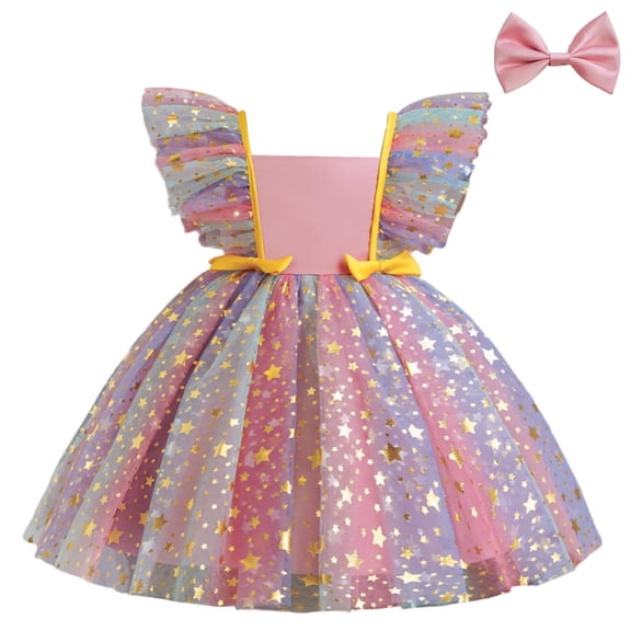 Avrntaa Baby Girls Cute Tutu Dress Star Print Flutter Party Dresses Wedding Pageant Ball Gown with Bow