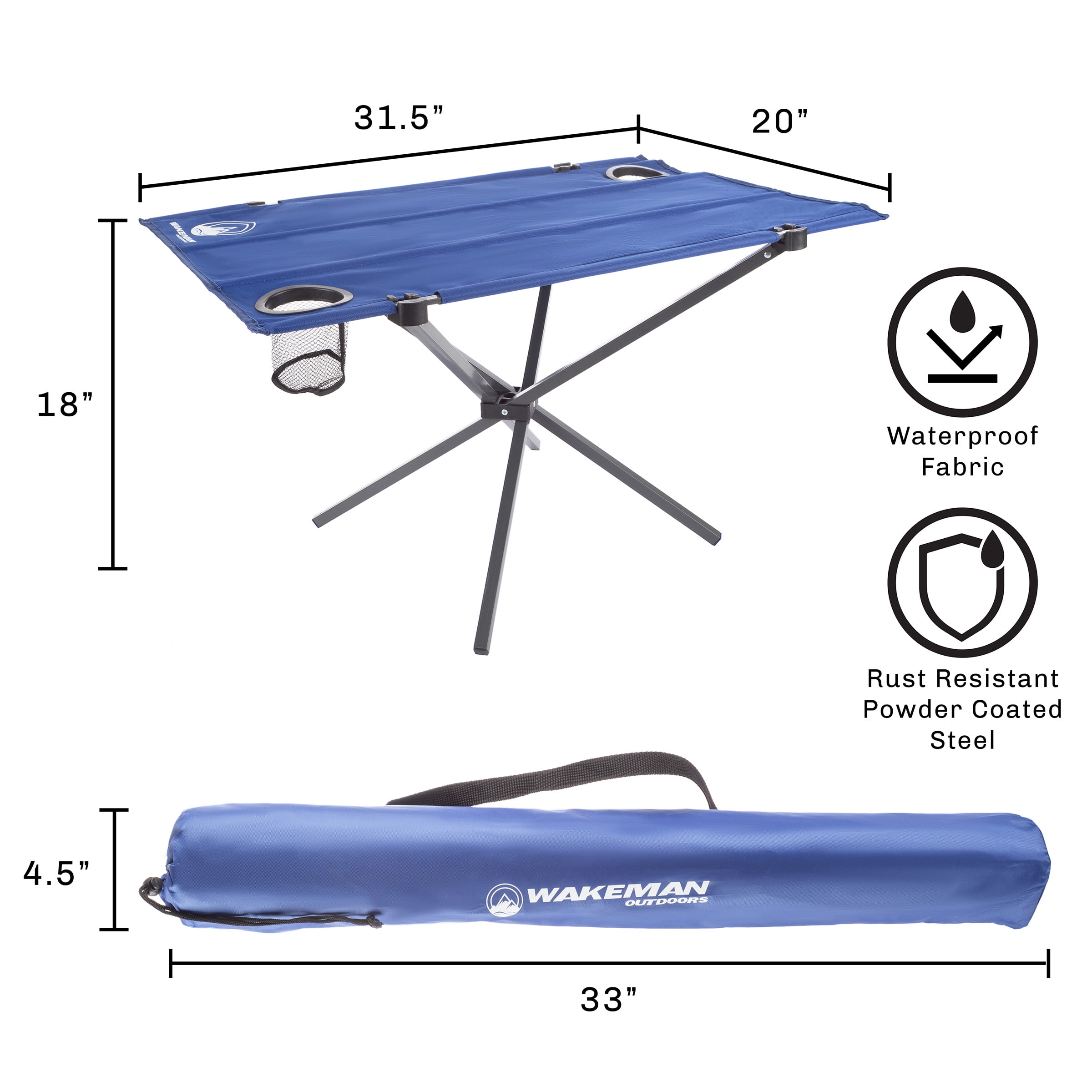Camp Table-Outdoor Folding Table with 2 Cupholders and Carrying Bag-For Camping Hiking Beach Picnic or Sporting Events by Wakeman Outdoors (Blue)