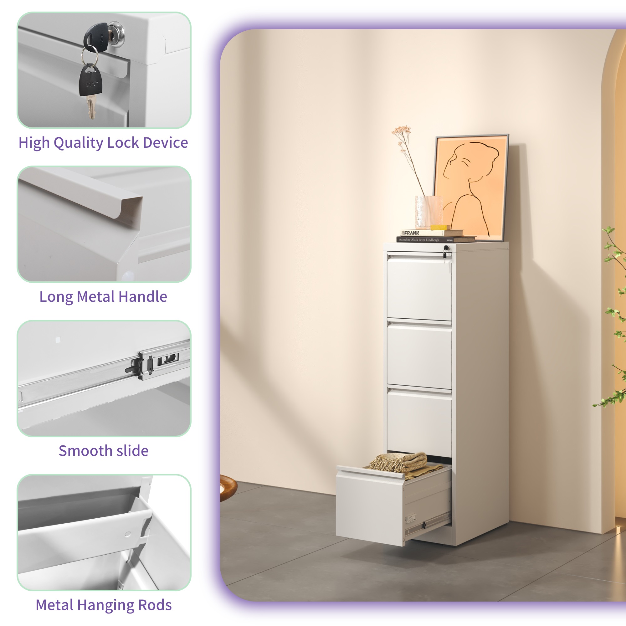 4 Drawer Metal Vertical File Cabinet with Lock Office Home Steel Vertical File Cabinet for A4 Legal/Letter Size
