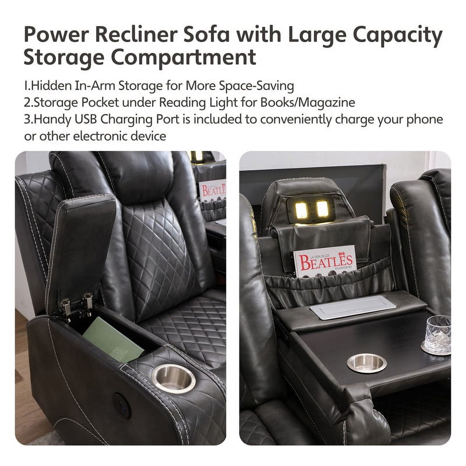 3-Seat Power Recliner Chair Sofa Set for Living Room,Gray Faux Leather Electric Home Theater Seating Reclining Sofa Couch with Flipped Middle Backrest,LED Light,USB Port,Cup Holder,Hidden Arm Storage