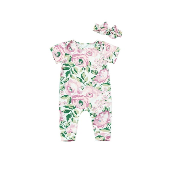 TSEXIEFOOFU Baby Girls 2Pcs Summer Outfits, Short Sleeve Floral Print Jumpsuit + Headband Set