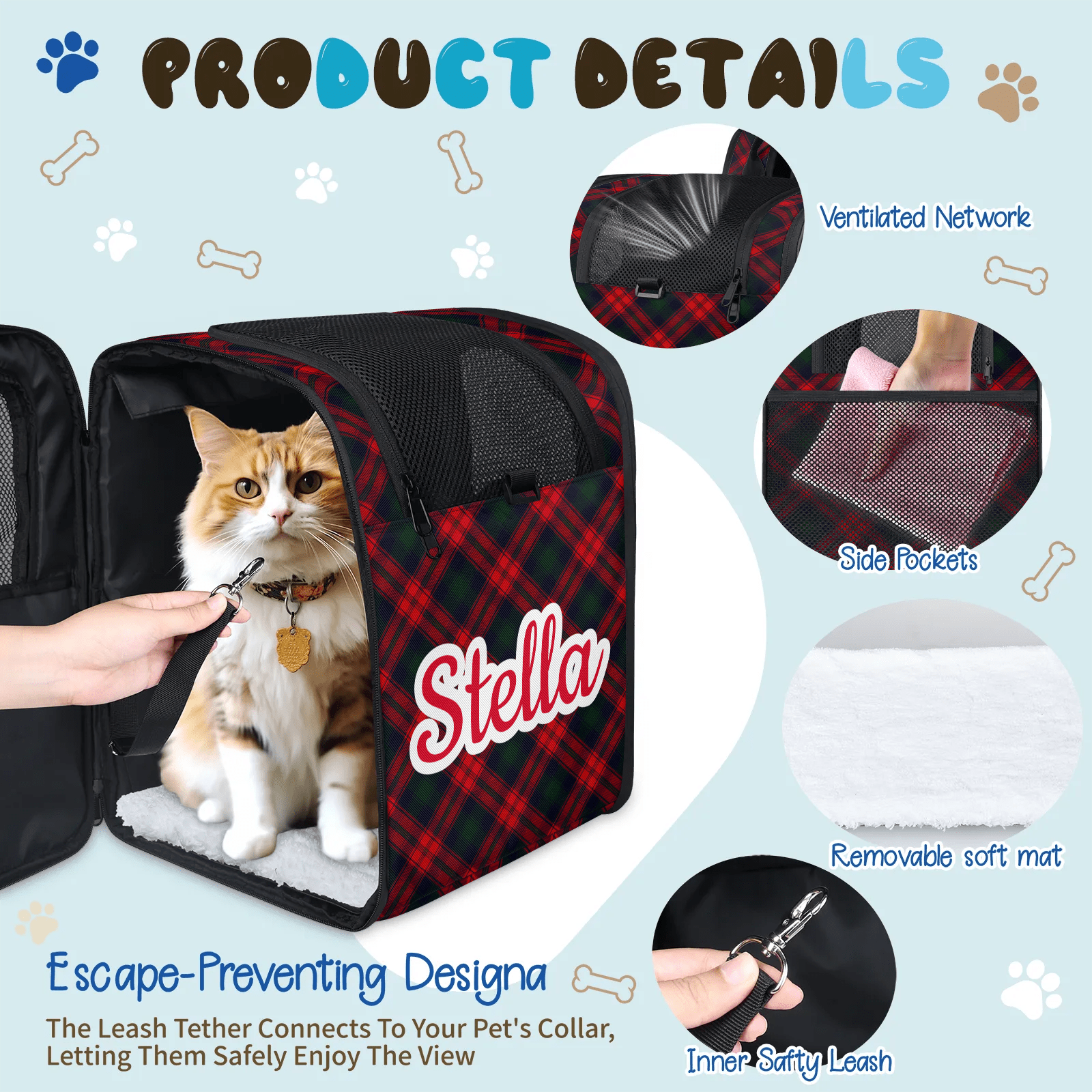 Dog Carrier Backpack for Small Dogs Cats Puppies,Customized Pet Carrier Backpack with Name,Pet Backpack Bag with Ventilation Mesh and Safety Leash Removable Mat for Hiking, Travel, Outdoor