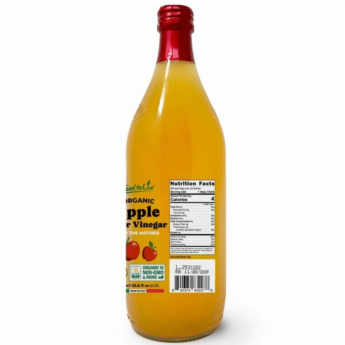 Food To Live Organic Apple Cider Vinegar, 2 L – Raw Italian Natural Vinegar with the Mother, Unfiltered, Unpasteurized, Non-GMO, Vegan, Glass Bottle (Pack of 2)