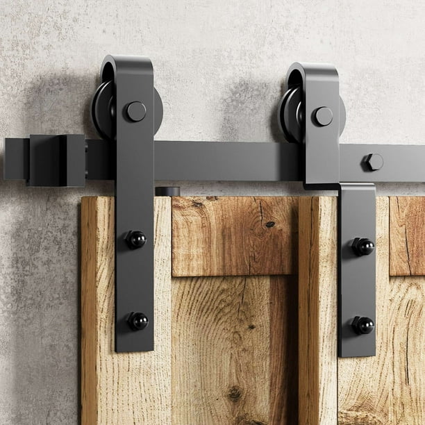 Homacer Black Rustic Single Track Bypass Sliding Barn Door Hardware Kit For Two Double Doors 4ft Long Flat Classic Design Roller Heavy Duty Interior Exterior Use Com Homacer Black Rustic Single Track, Bypass Sliding Barn Door Hardware Kit
