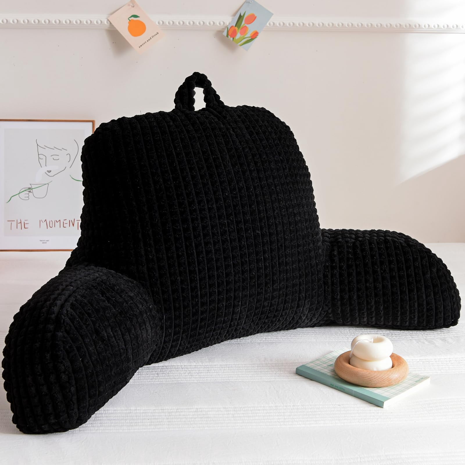 Comfortable Night Reading Pillow Bed Wedge Large Backrest with Arms for Sitting Up in Bed or Couch, Support Cushion for Lounging, Waffle Texture, Dark Grey