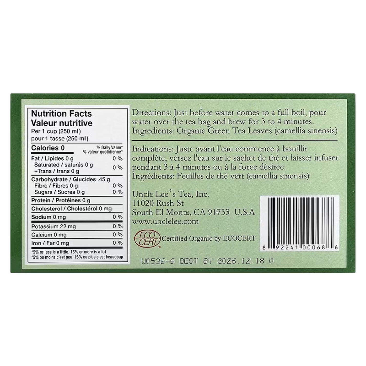 Uncle Lee's Organic Green Tea Bags - USDA Certified