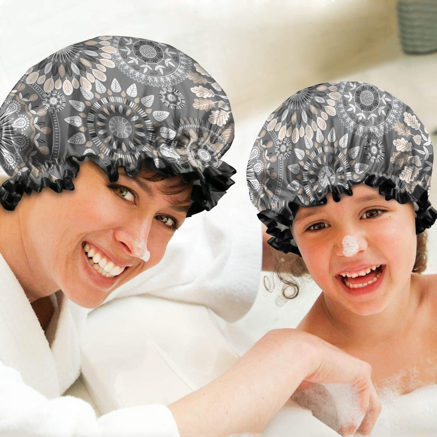 Shower Caps,Gray Floral Mandala and Leaf Pattern Waterproof Shower Cap for Women 4 Pieces,Double Reusable Hair Cover for Shower PEVA Elastic Stretch Hem