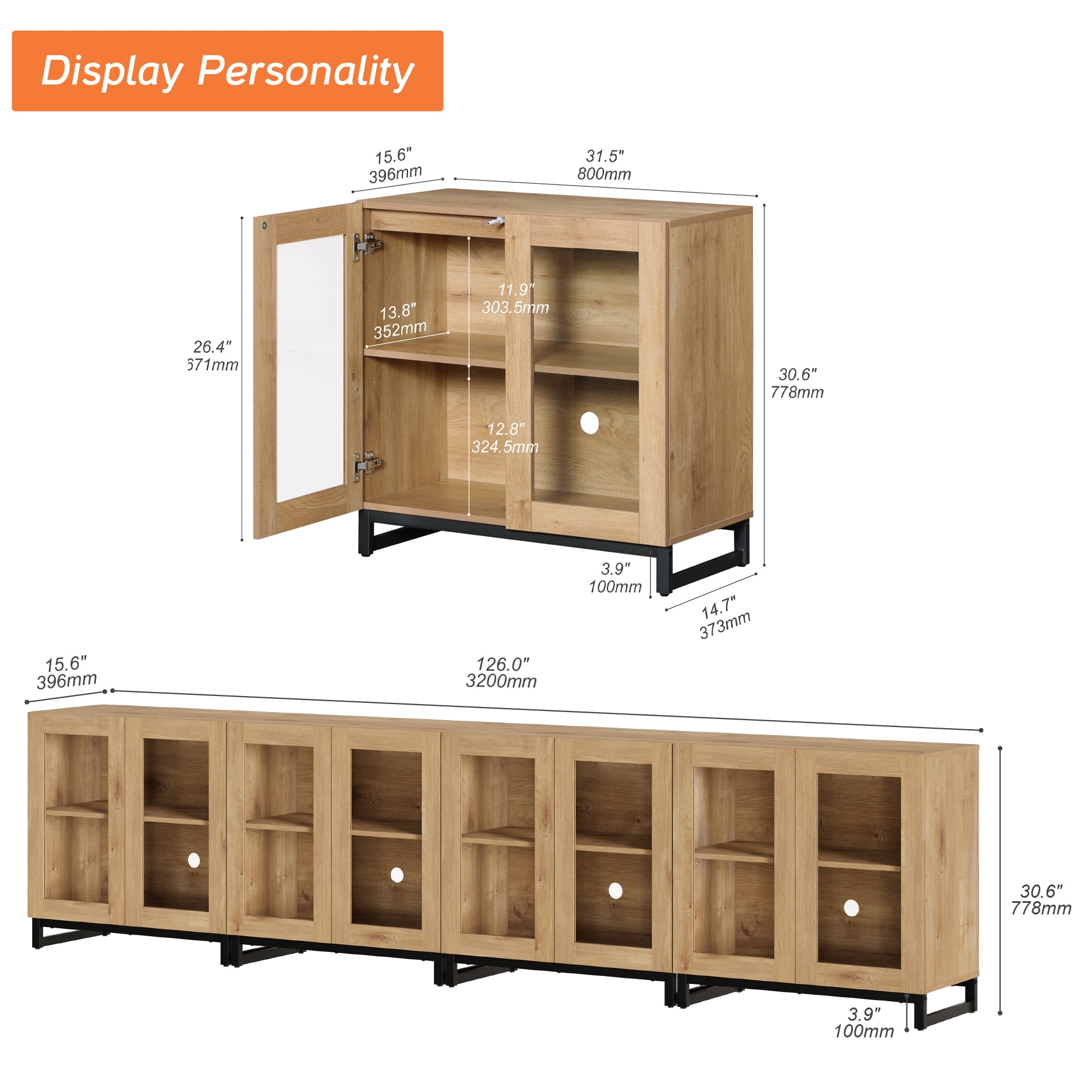 WAMPAT 4-in-1 Multifunctional Sideboard Buffet Cabinet with 8 Glass Doors and Adjustable Shelf Coffee Bar Storage Cabinet for Living Room Kitchen,Oak