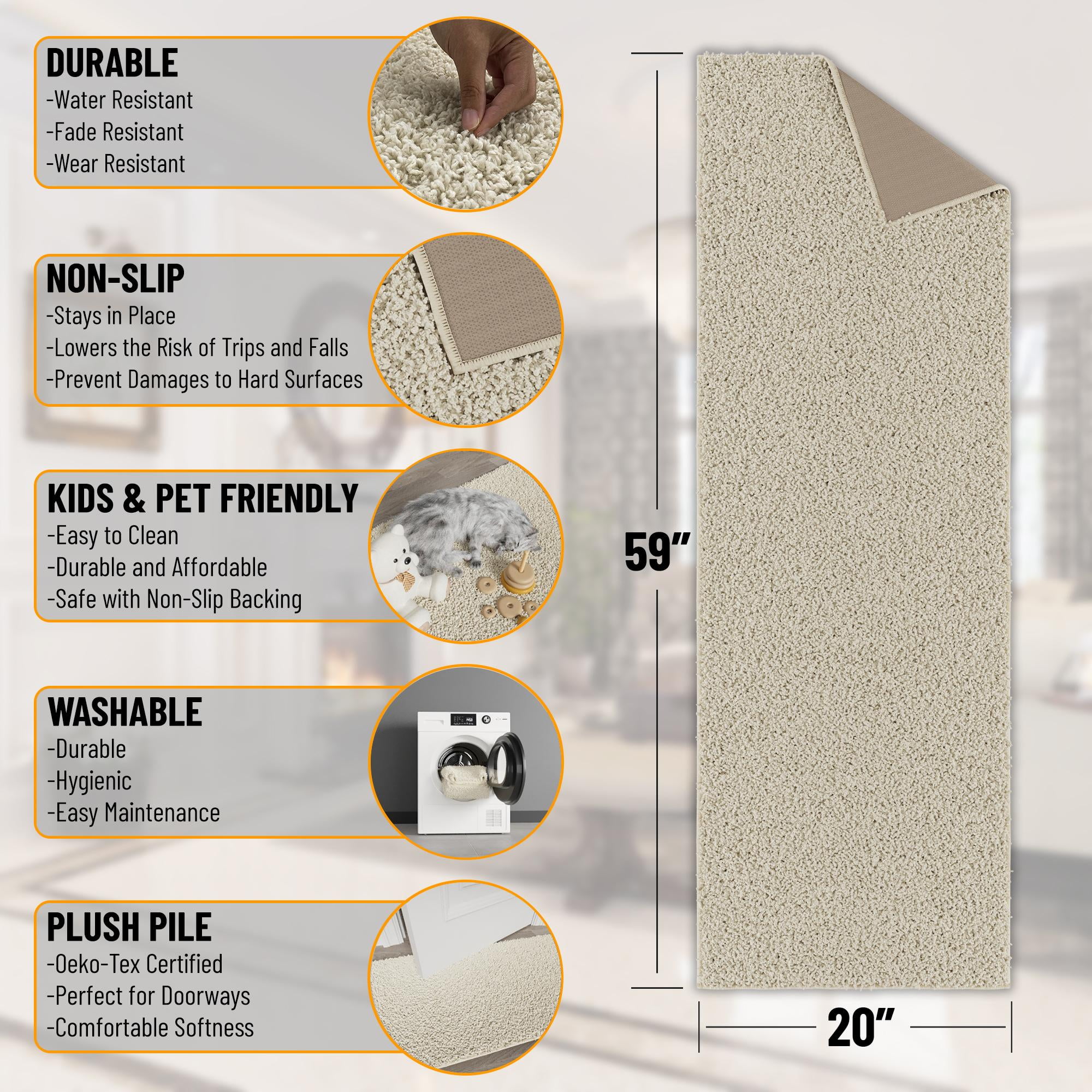 Ottomanson Rabbit Non-Slip Rubberback Solid 2x5 Soft Indoor Runner Rug, 20" x 59", Cream