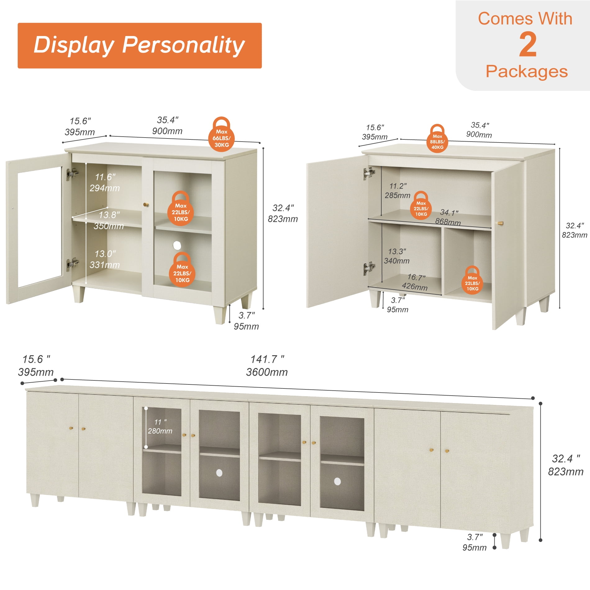 Modular Buffet Cabinet Sideboard With Glass and Wood Doors, Adjustable Shelves and Cable Management For Kitchen Dining Room, 142" W, Beige Wood
