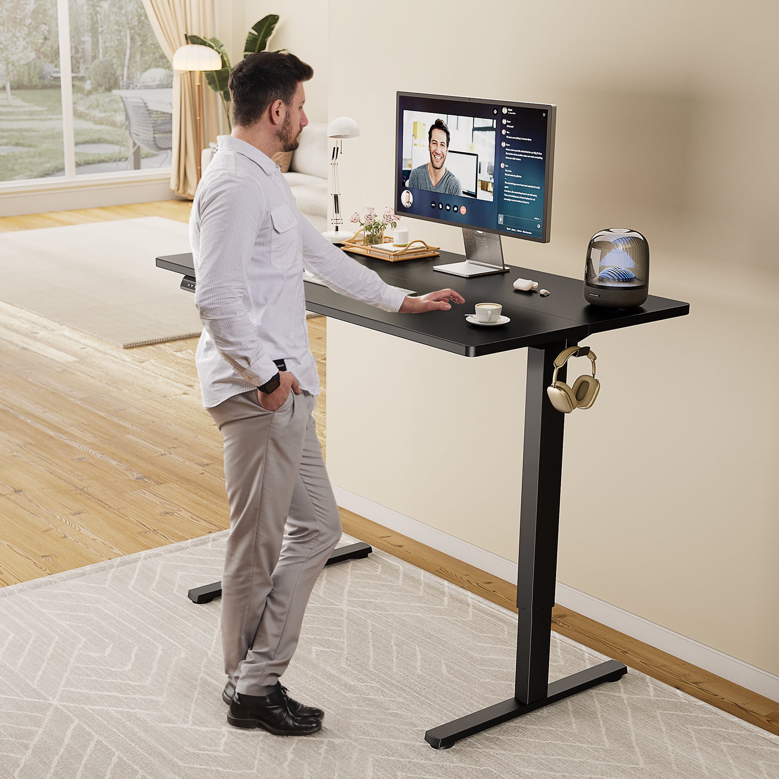 CONCETTA Electric Adjustable Height Standing Desk - 48 x 24 inch Sit to Stand Up Desk with Splice Board, Rising Home Office Computer Table with 2 Hook and Wire Hole for Work, Black