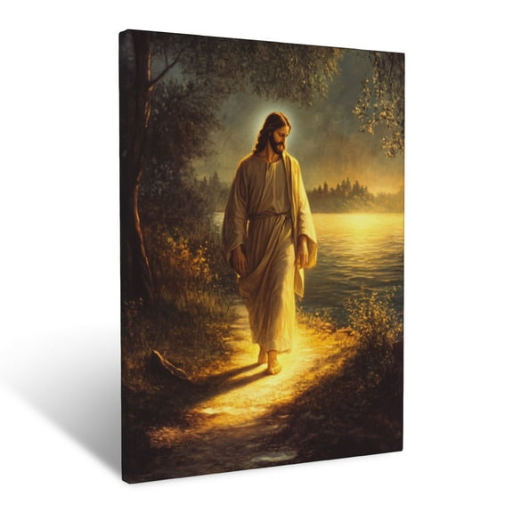 CozyNet Jesus Walking On A Glowing Path By The Lakeshore A Serene Figure Glowing With Divine Peace Wall Art Prints With Frame Canvas Perfect for Living Room & Bedroom, Wall Decor 12"x16"