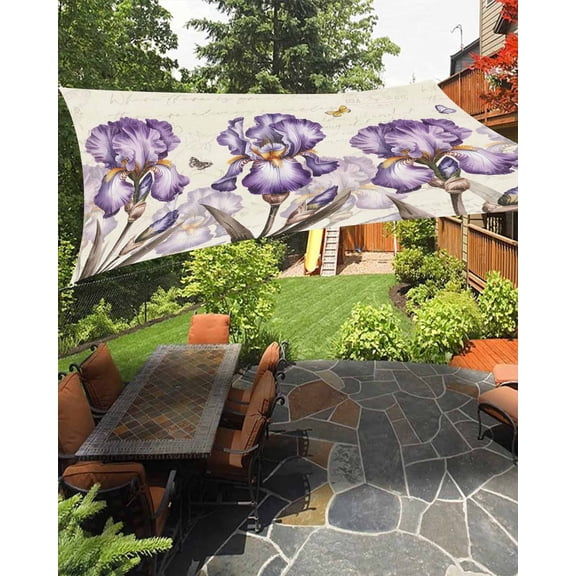 Sun Shade Sail 8'x10' Purple Iris Floral Rectangle Sun Shade Sails Canopy Waterproof Butterfly Elegant Blossoms Flowers Outdoor Sunshades Sand UV Block Cover Shades Cloth for Patio Backyard Deck