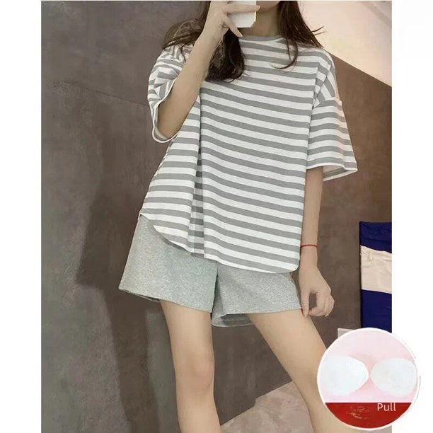 Conjunto de pijama holgado de verano para mujer, Top corto de manga corta a rayas con almohadilla en el pecho, pantalones cortos adecuados para uso exterior en el hogar