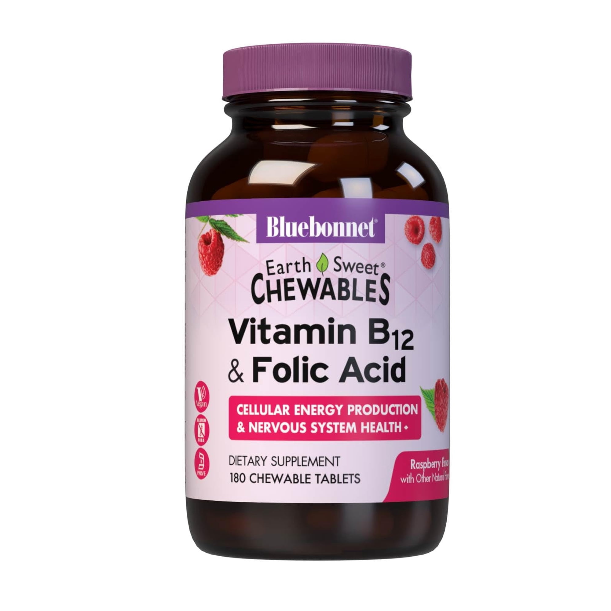 Bluebonnet Vitamin B12 1000mcg Folic Acid 400mcg Brain Health & Energy* 180 Raspberry Chew