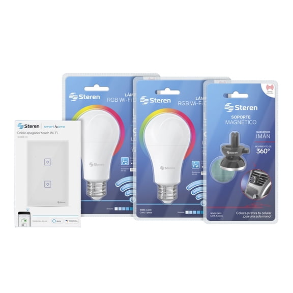 Paquete De Focos Led Smart STEREN 10W 2 Piezas Y 1 Apagador Doble Smart + 1 Acc Auto Reg