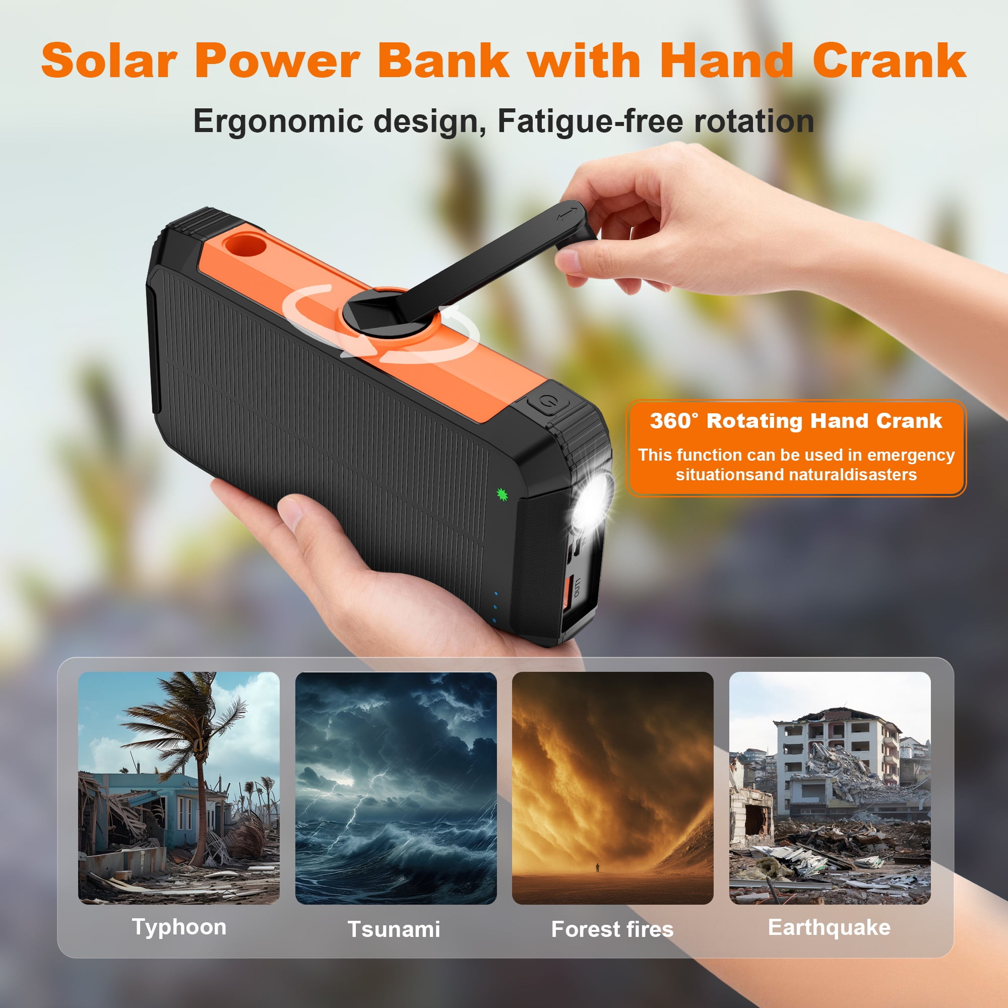 SOLPOWBEN 20000mAh Solar Charger Power Bank, 22.5W Fast Charging Solar Power Bank, 15W Portable Wireless Charger Built in Hand Crank and Retractable Cord Compatible for iPhone/Android Phone