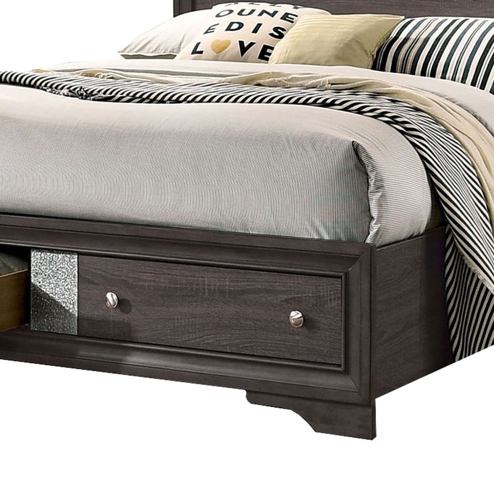 Queen Bed with Plank Headboard and 2 Drawers Brown and Silver - Saltoro Sherpi