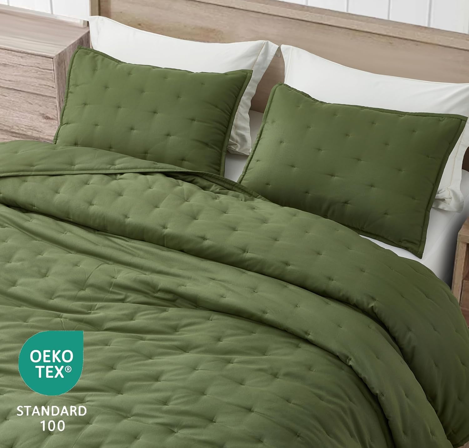 Chezmoi Collection Glen 3-Piece Crescent Stitched Quilt Set, King Size, Olive Green, Rayon Derived from Bamboo & Polyester Blended, Soft Breathable Cooling Bedspread for Hot Sleepers