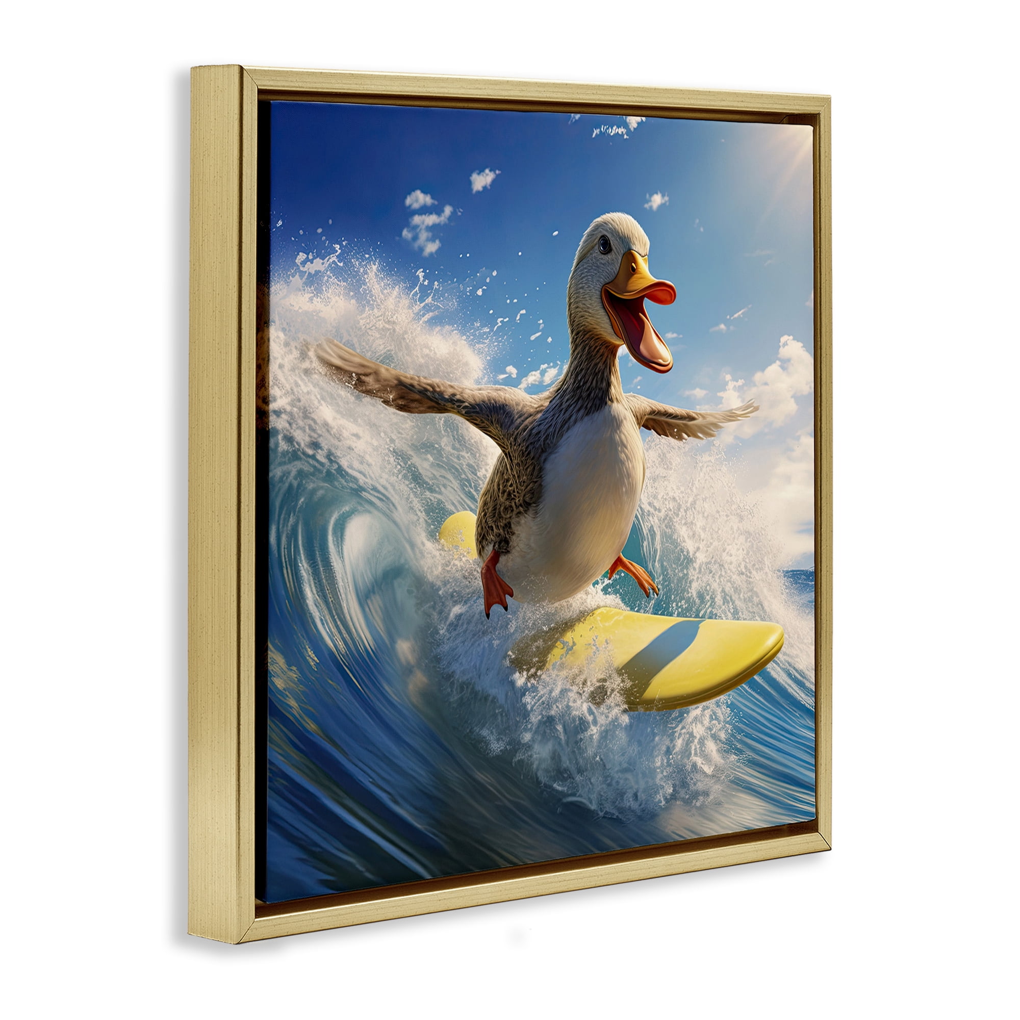 Stupell Industries Happy Surfing Duck Coastal Painting Gold Floater Framed Canvas Art Print Wall Art, 18 x 18