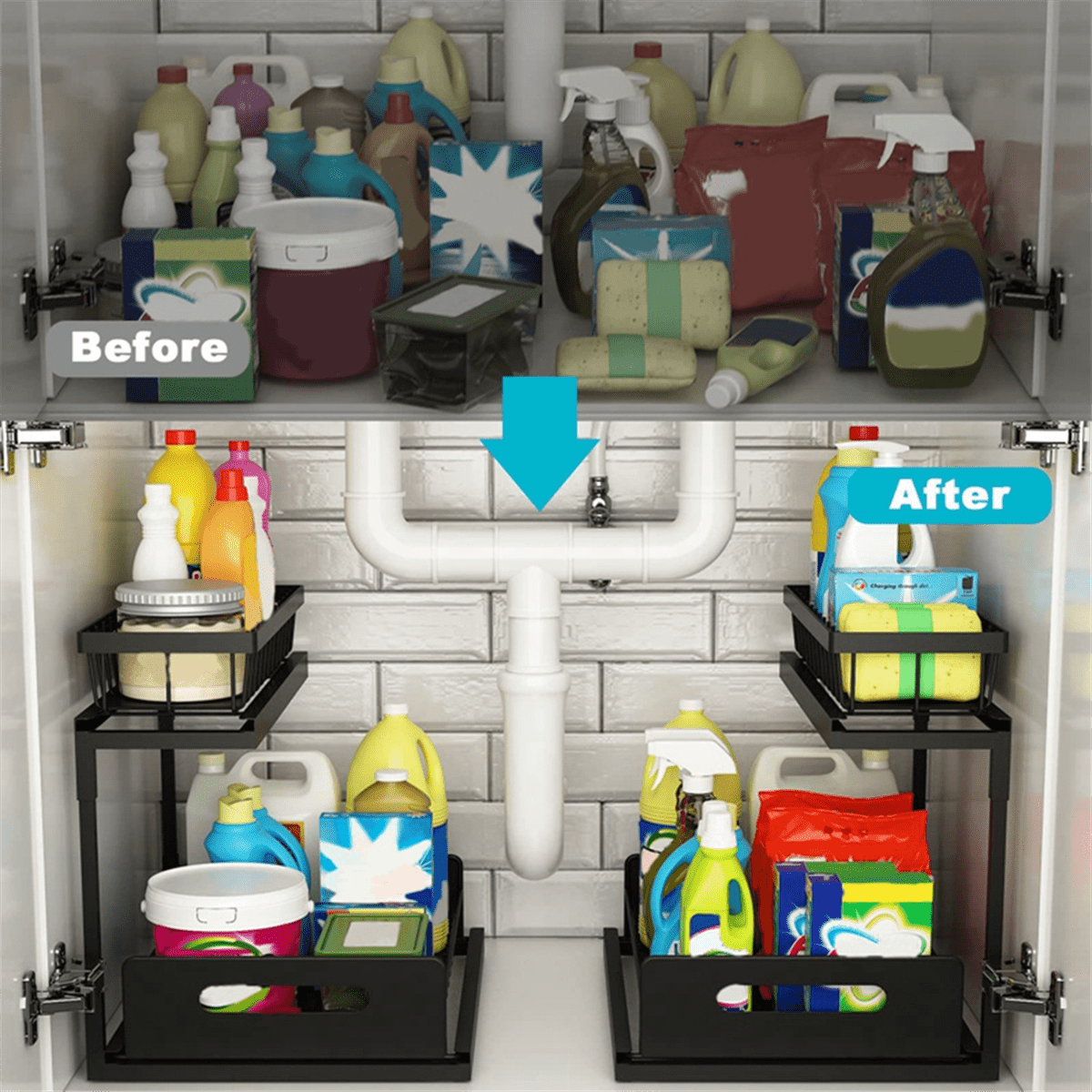 Under Sinks Organizer, Pull Out Cabinet Organizer 2 Tier Slide Out Sink Shelf Cabinet Storage Shelves
