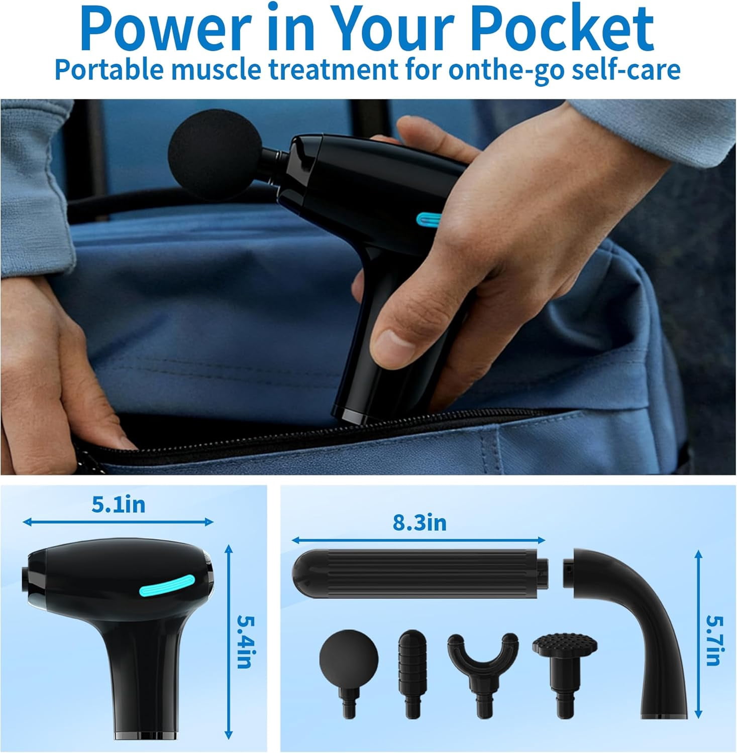 3-in-1 Detachable Massage Gun Deep Tissue with 4 Heads 5 Speed for Arm Shoulder Leg