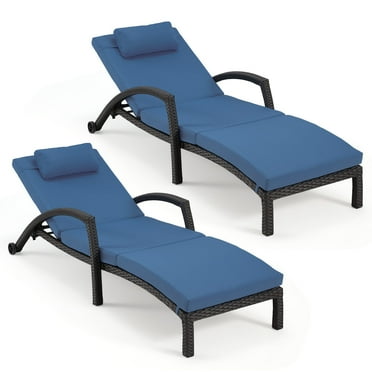 HOMREST Chaise Lounge Chairs Set of 2 for Outside, Adjustable 5 Position Outdoor PE Rattan Wicker Patio Pool Lounge Chair with Arm, Cushion and Wheels for Poolside Backyard Deck Porch,Navy Blue