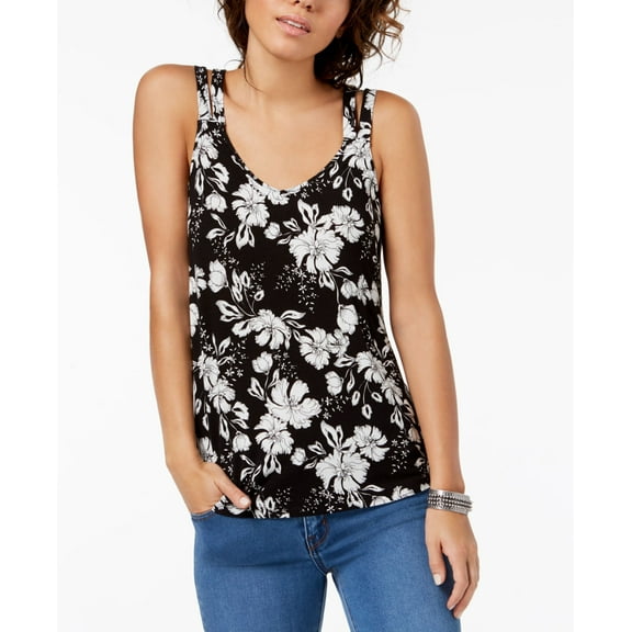 Hippie Rose Juniors' Strappy-Back Tank Top (Black Floral, XL)