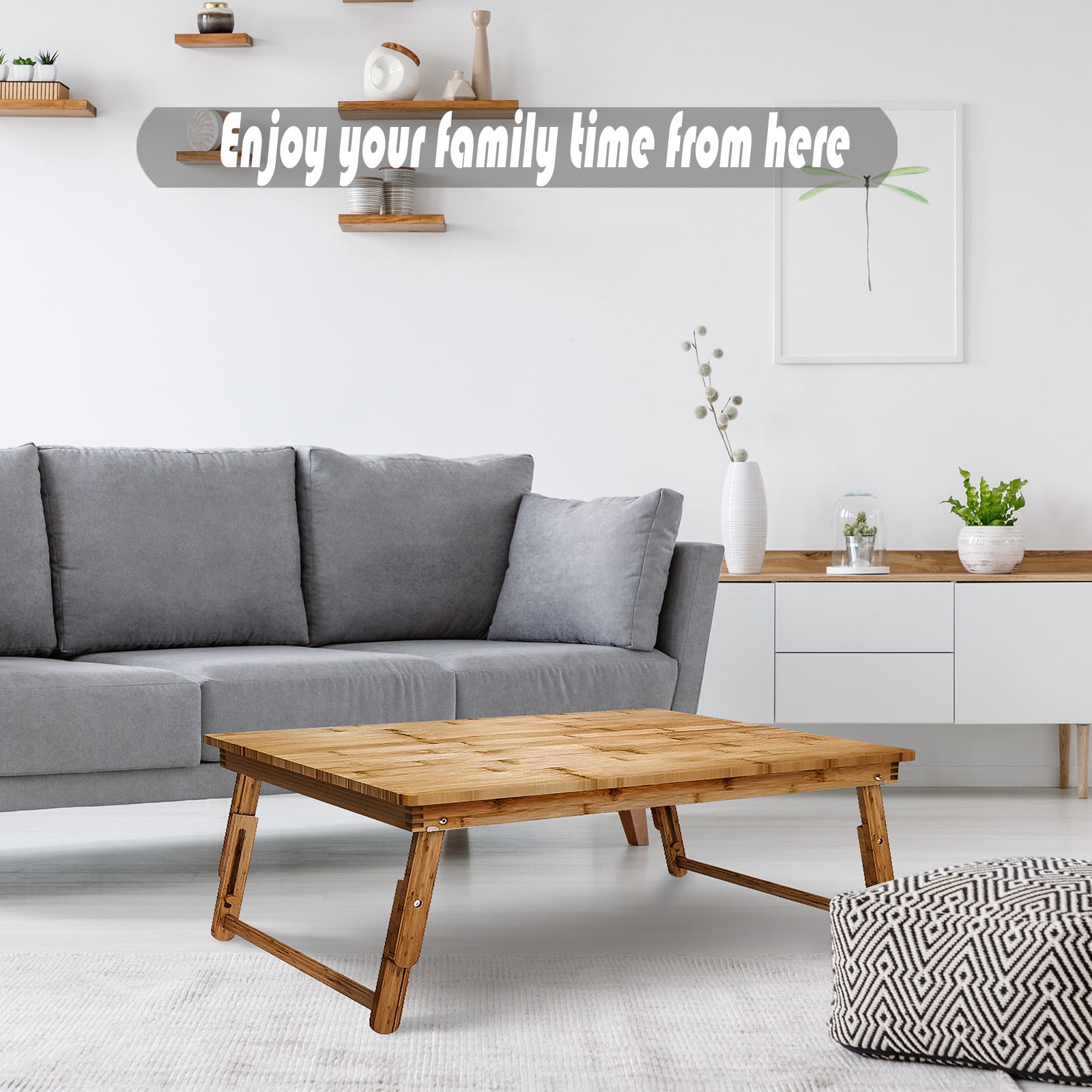 Fully Assembled Bamboo Coffee Table for Sitting on the Floor Living Room Foldable Legs Adjustable Height Japanese