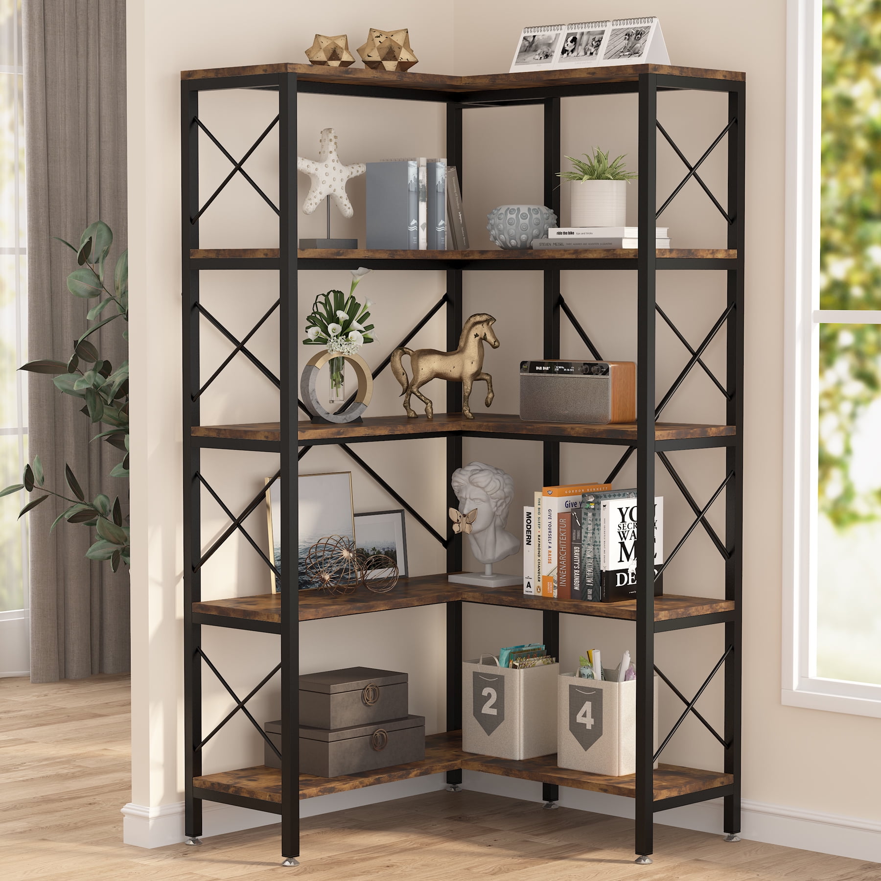 Gray-Brown Finish Industrial Tall Corner Bookshelf O&K FURNITURE 5-Shelf Corner Etagere Bookcase for Small Space 