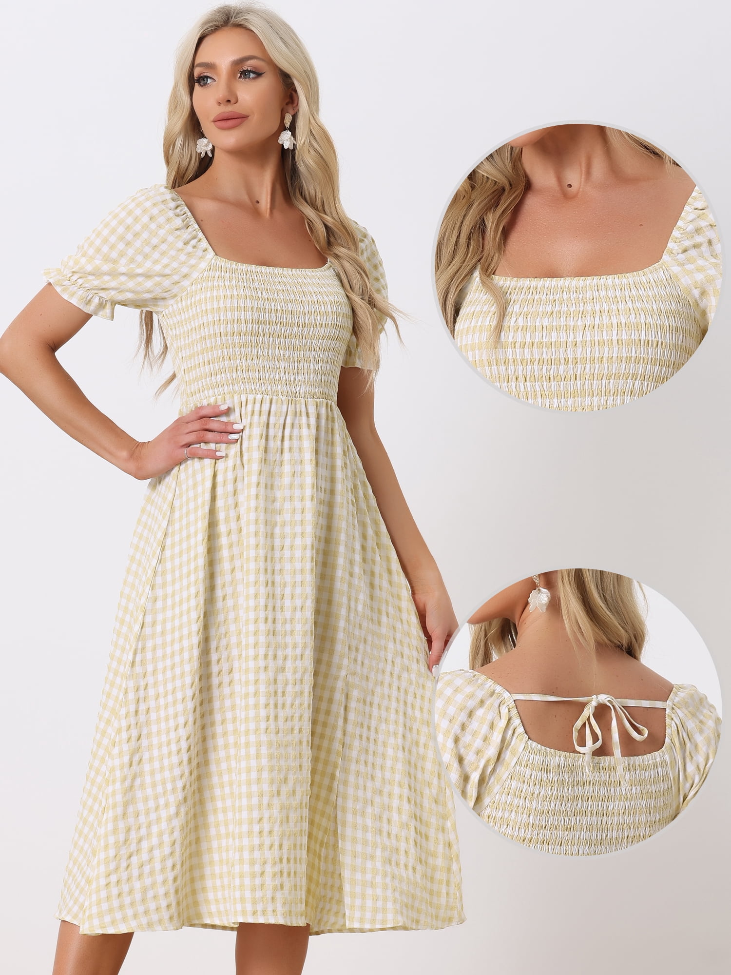 DARING DIVA Puff Sleeve Square Neck Gingham Dress L Light Yellow