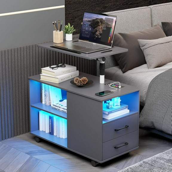 Nightstand with Wireless Charging Station and Auto Senor,RGB Bedside Table with 360°Adjustable Rotary Table,Night Stand with Open Shelves,Drawers,5 Wheels,(Grey)