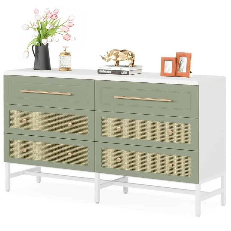 white and green dresser Resenkos 6 Drawer Dresser, Modern Rattan Dresser for Bedroom, 55 inch Long  Double Dresser Wood Storage Organizer Chest of Drawers for Closet Living