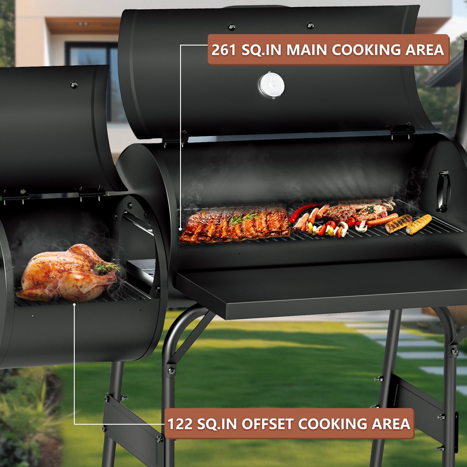 Charcoal Smoker Grills, KingChii Offset Smoker Family-Size 4-6  with Temperature Control Person BBQ for Outdoor, Garden, Patio and Backyard