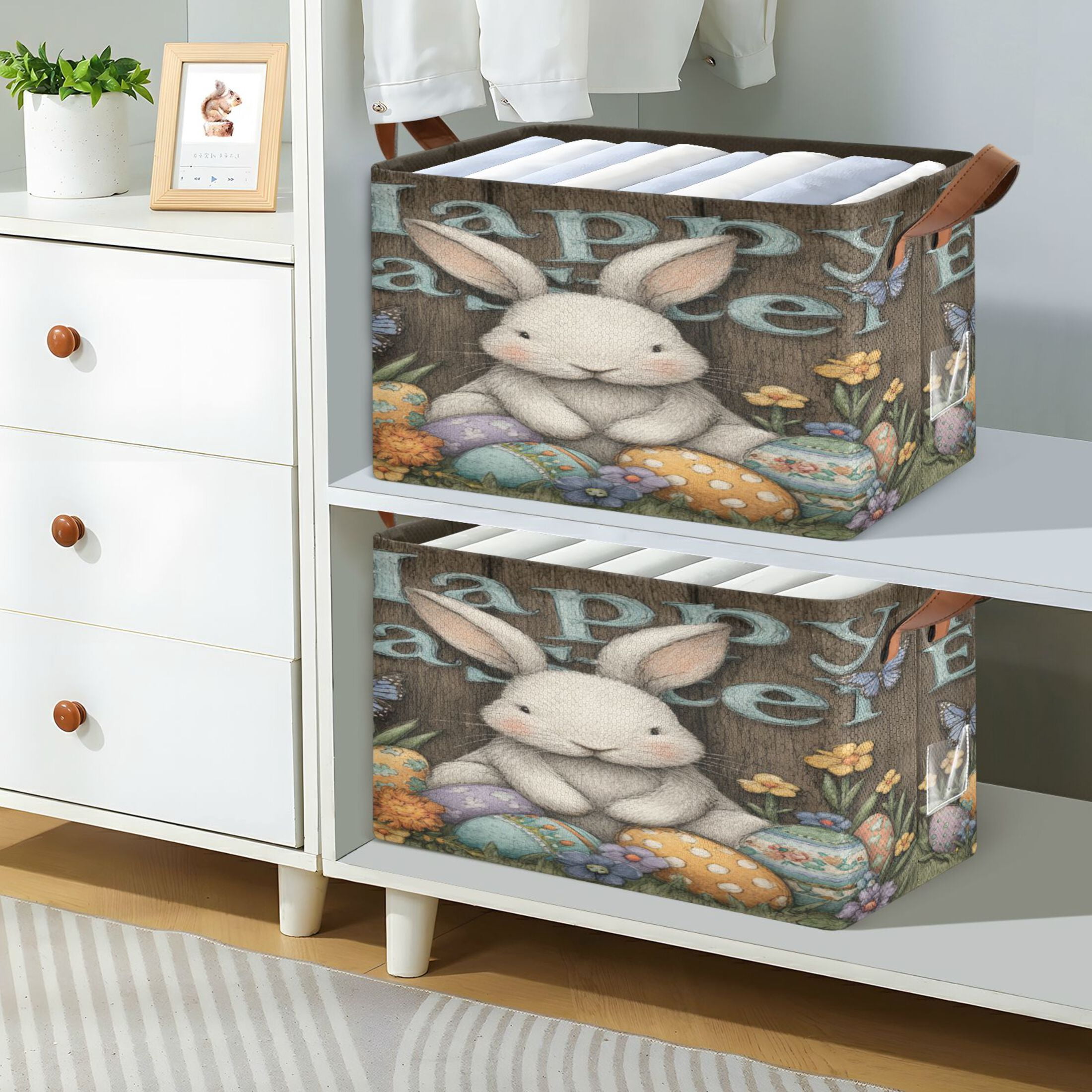 WobogoCute Easter Bunny Storage Basket 16.9×11.4×10in Collapsible Oversized with Metal Iron Frame