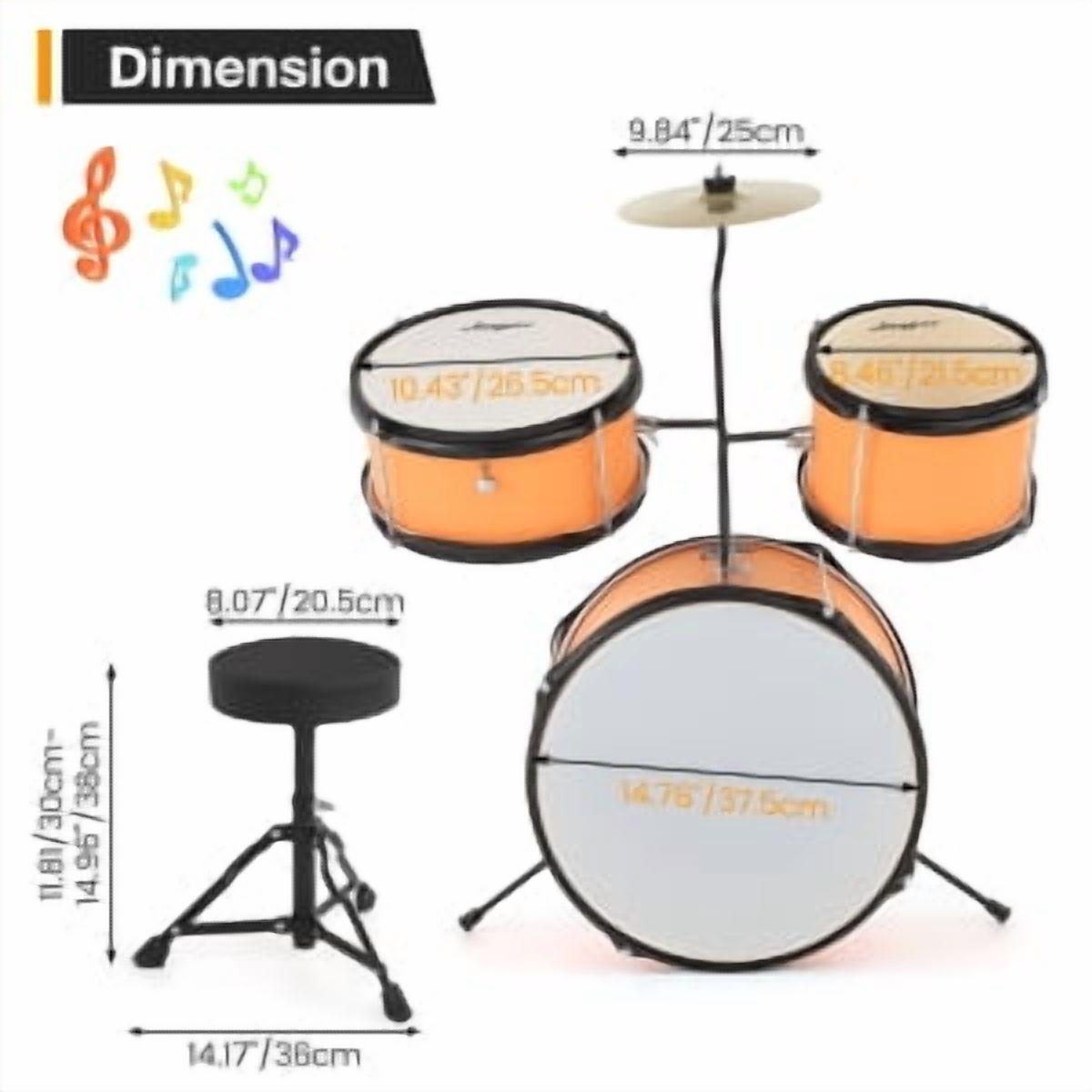 Huisuilinss 3 Piece Kids Drum Set with Cymbal, Beginner Junior Drum Sets with 14.76'' Bass Drum, Tom, Pedal, Drumsticks, Adjustable Seat, Drumset for Junior Boys and Girls