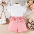 thumbnail image 5 of IFNWSV Girls 2 Piece Outfits Set Toddler Solid Color Lapel Lace Flutter Sleeve Top Casual with Irregular Skirt Pants Pink 1-2 Years, 5 of 6
