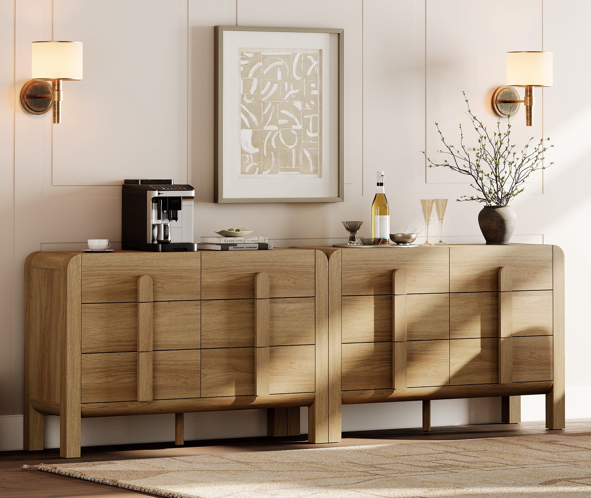 Mid Century 6 Drawer Dresser Set of 2, 47.2" Modern Chest of Drawers with Storage, Curved Profile Wood Double Dresser for Bedroom, Living Room, Hallway