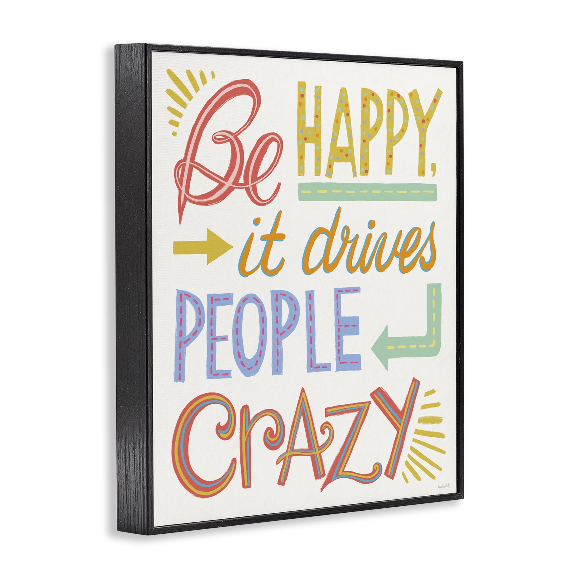 Stupell Industries Bright Be Happy Phrase Typography Painting Black Framed Art Print Wall Art, 24 x 30
