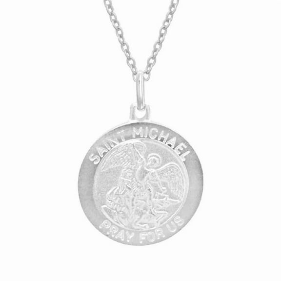 Ritastephens Sterling Silver Small St. Michael Round Pendant Necklace, 24 Inches, Cable Chain