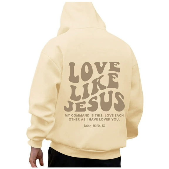 TrendOFT Christian Hoodies for Men Love Like Jesus Inspirational God Faith Sweatshirt Vintage Bible Verse Graphic Pullover Tops Beige L