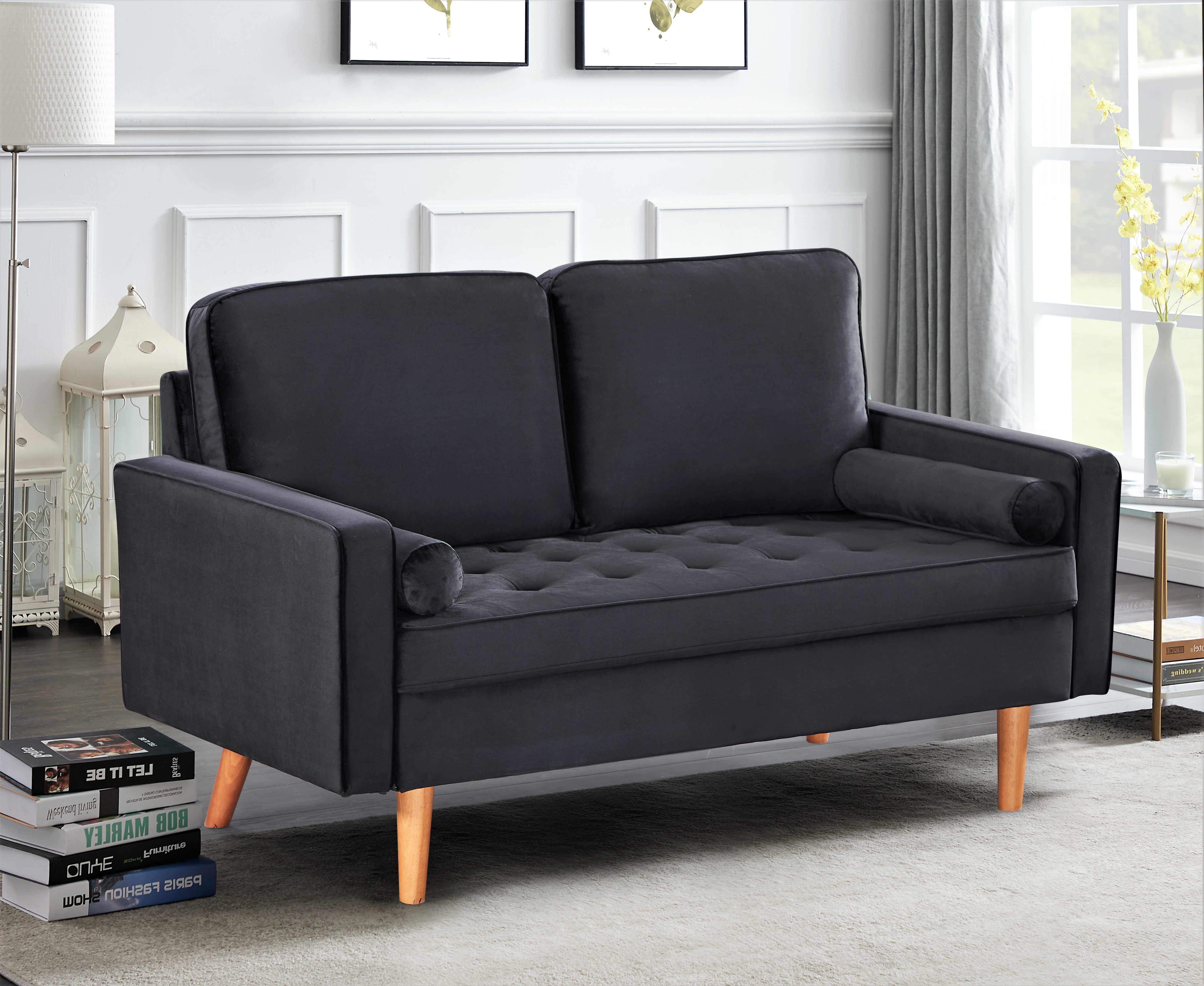 Uspridefurniture Helene 55.87'' Velvet Recessed Arm Loveseat - Black
