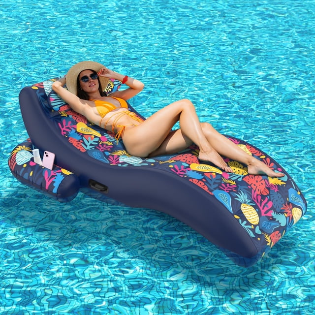 Sunikko X 2-in-1 Pool Floats, Inflatable Pool Floats Adult Lounge Chair with Cup Holder Tanning Pool Float, Heavy Duty Water Float Raft for Pool Floating with Pillow, Hawaii Style