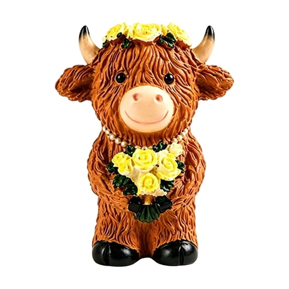 Resin Statues,Cute Highland Cow Figurine with Yellow Floral Decoration for Kitchen Livingroom Countertop Fall Decor