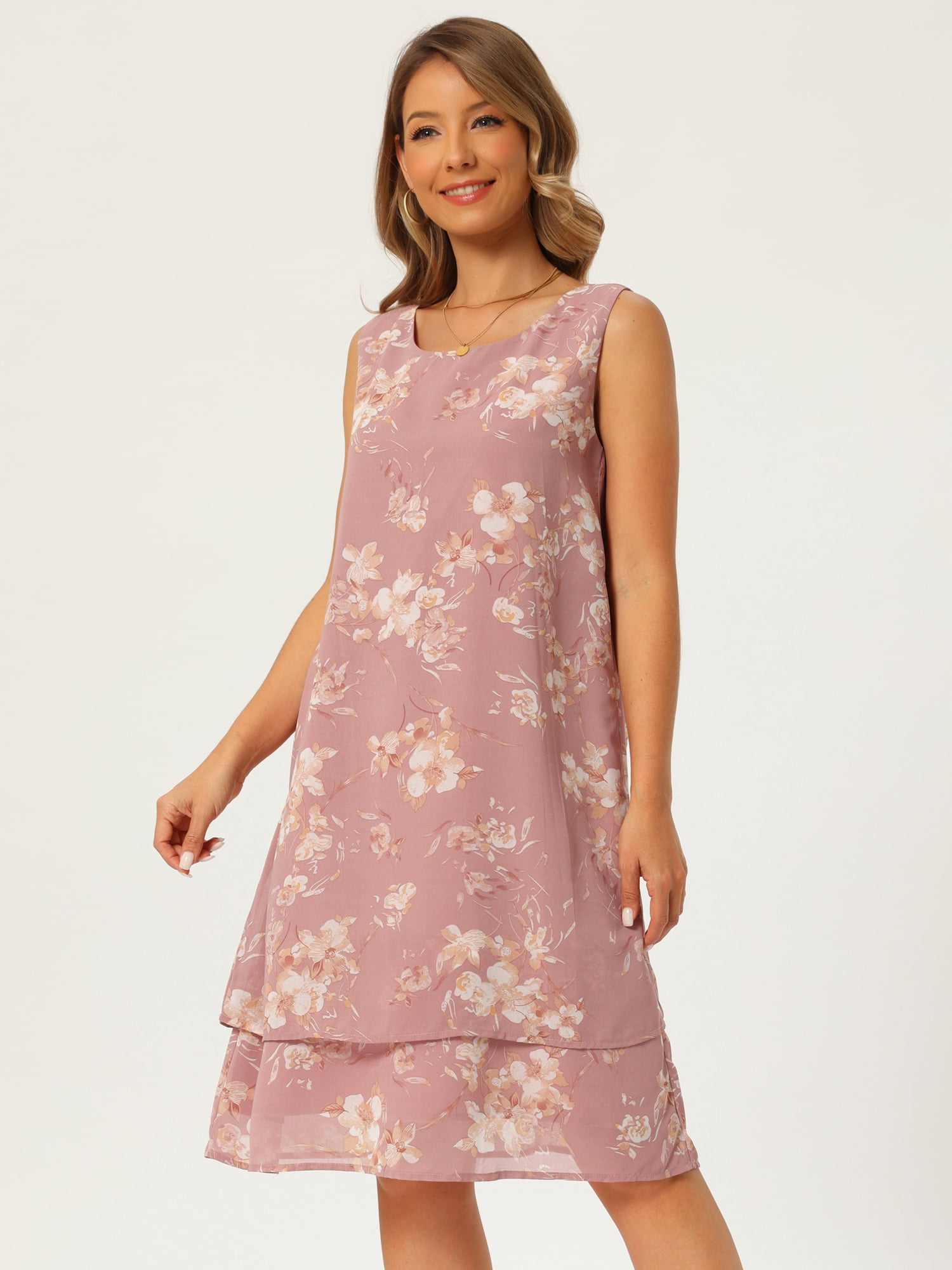 DARING DIVA Women's Chiffon Sleeveless Floral Tiered Flowy Sundress M Dusty Pink
