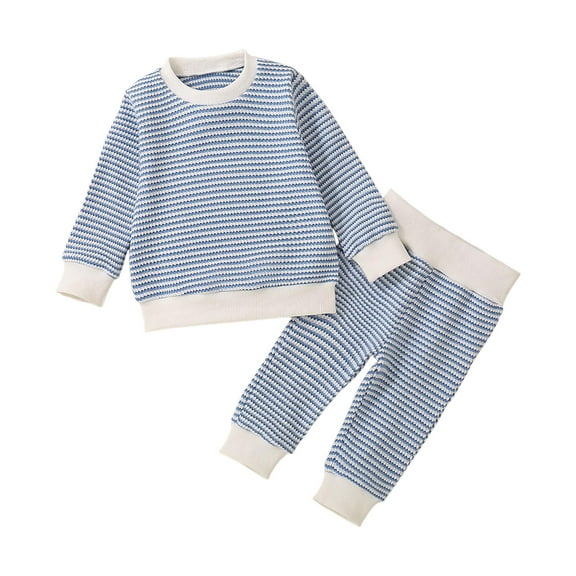 Hessimy Toddler Baby Boy Girl Outfit Turkey Embroidery Striped Waffle Knit Long Sleeve Sweatshirt And Pants Set Soft Fleece Sets For Cool Winter Evenings (Light Blue,18-24 Months)