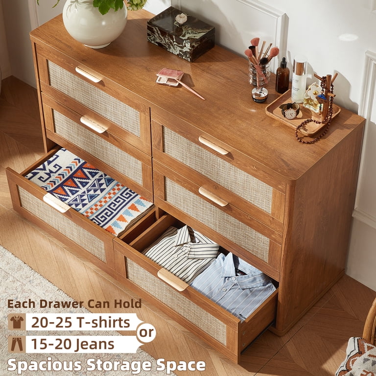 Leyaoyao Rattan Dresser for Bedroom 48''w 6 Drawer Dresser Modern Dressers & Chests Wood Dresser Beside Table for Living Room, Hallway, Brown, Adult