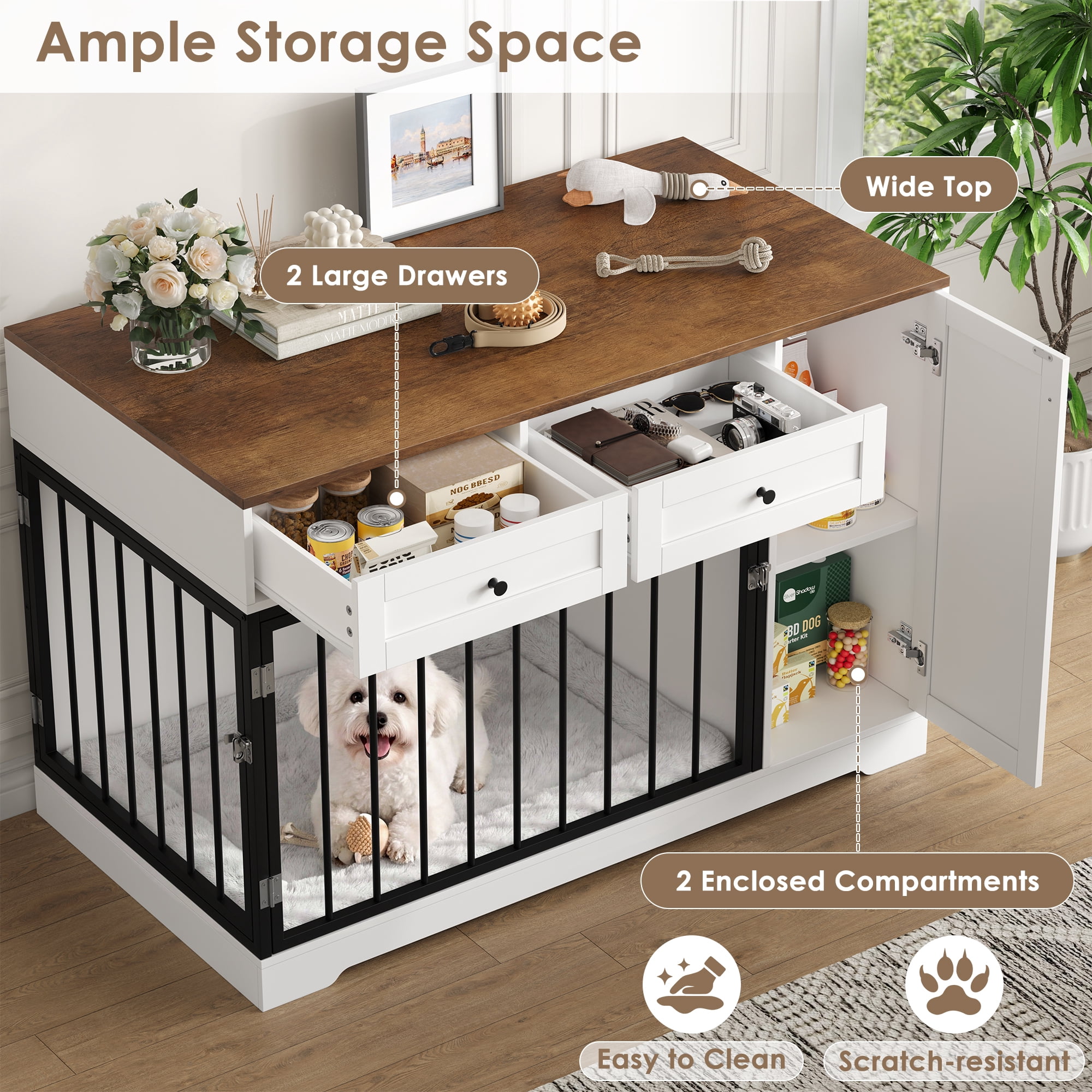 Homfa Dog Crate with Storage Cabinet and 2 Drawers, Indoor Furniture Style Wooden Large Dog Kennel, White