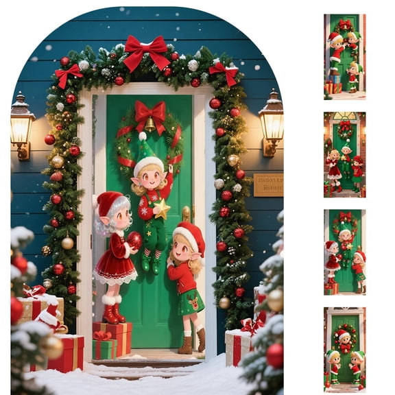 Christmas Door Curtain - 72.83x35.43in Fabric Hanging Decoration with Elf & Photo Themes, Perfect for Outdoor/Indoor Christmas Day Parties & Background Decor, 185x90cm, A