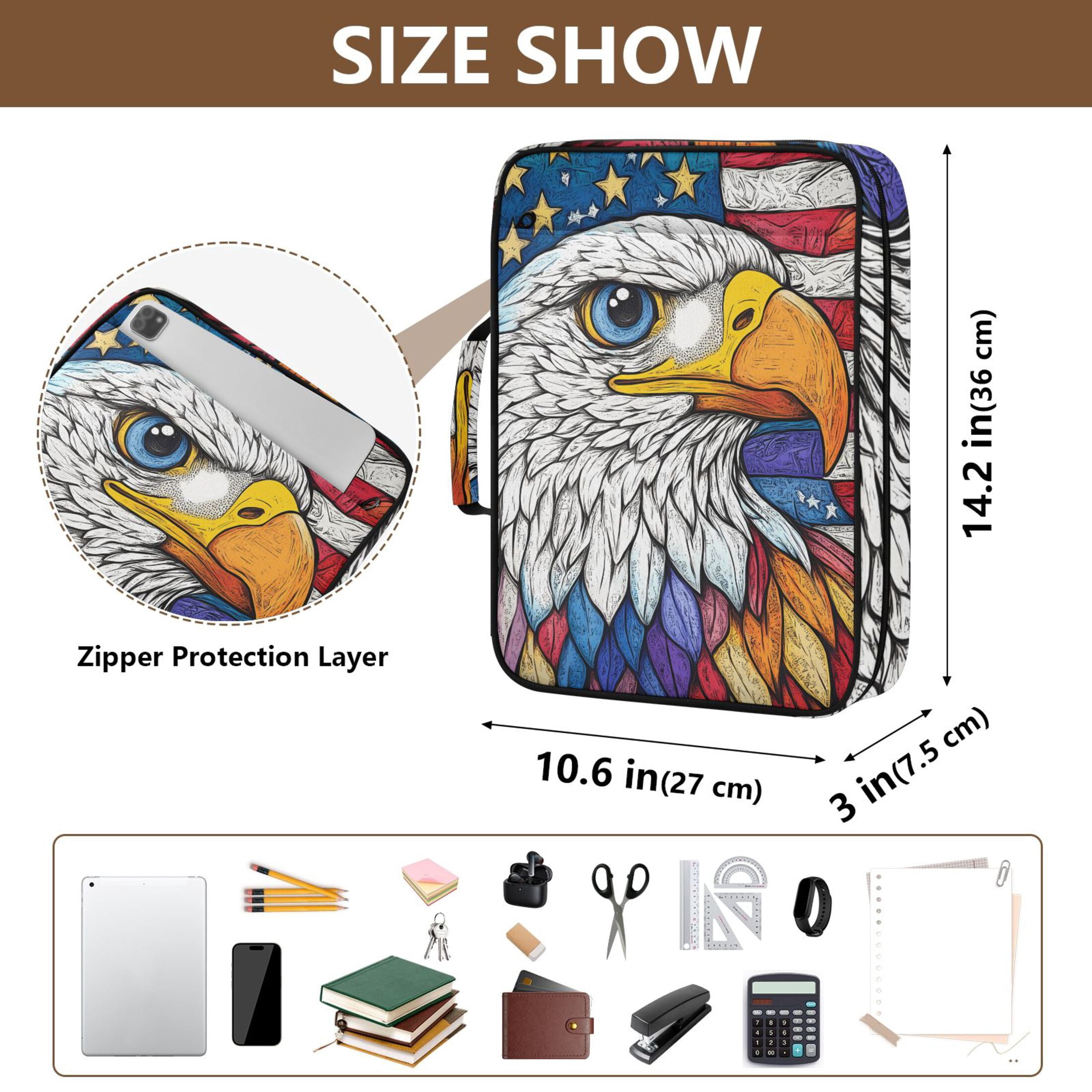 Haosy Accordion File Organizer Zipper Binder 500 Sheet 6-Tab Expanding File Folder Multi-Pocket 1.2 Inch 3 Ring American Flag and Eagle